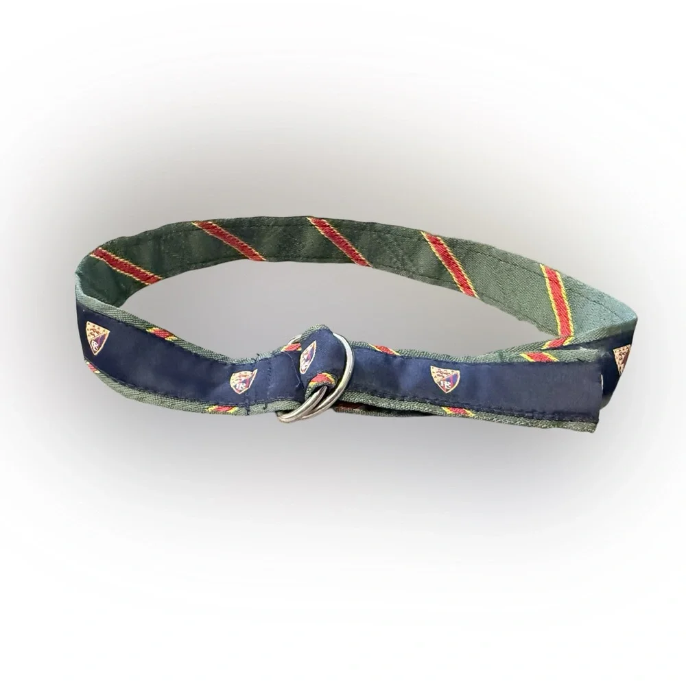 Ralph Lauren Children’s D-Ring Belt Green Striped Crest Canvas Preppy Youth